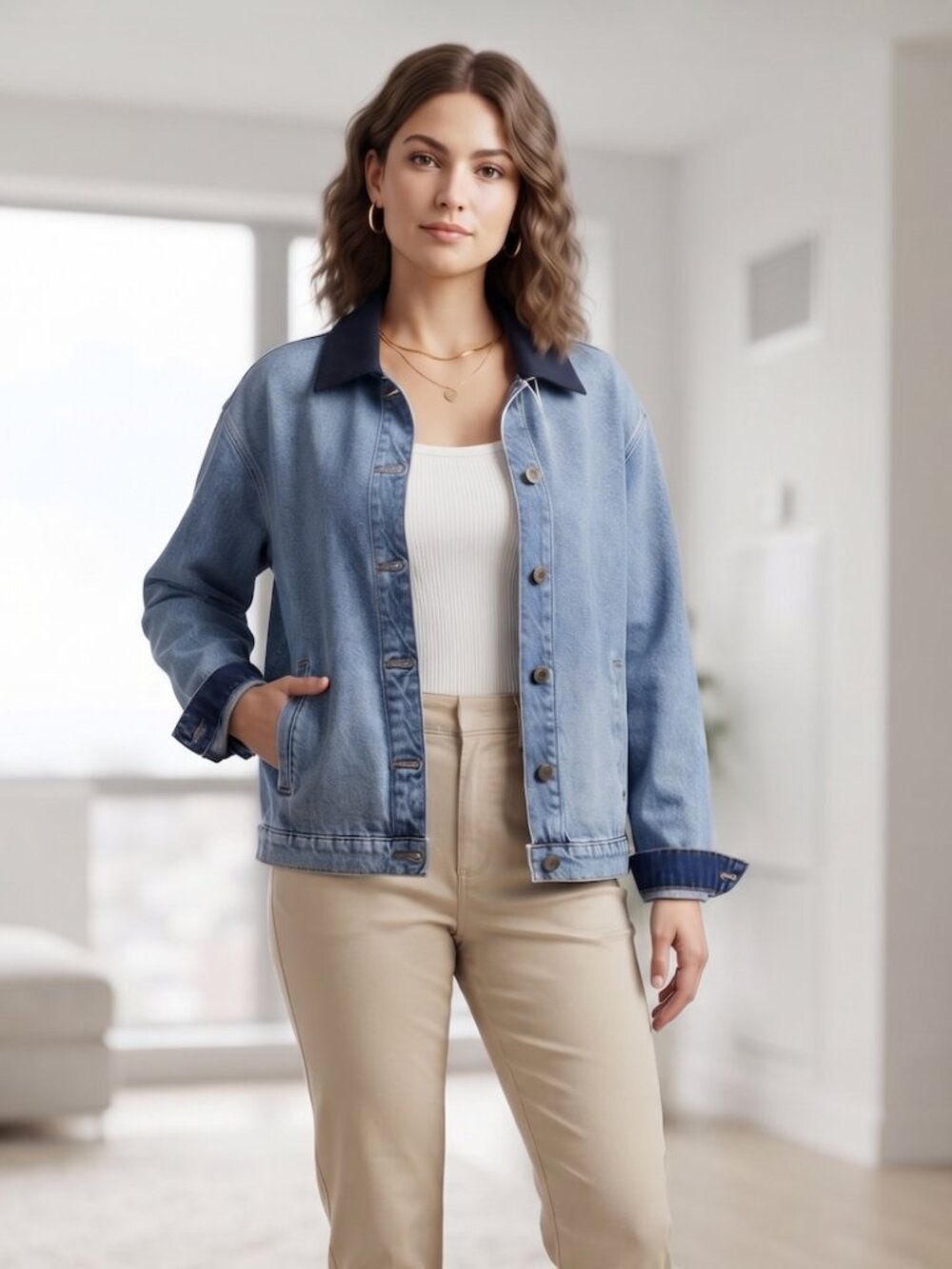 NWT Kensie Jeans Contrast Collar Denim Jacket- L- MSRP $78